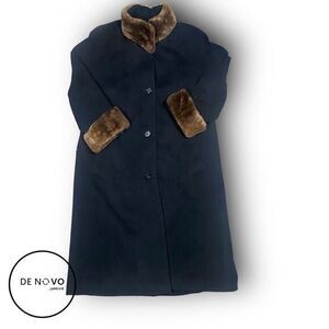 PAUL Levy Vintage Women’s Wool Long Pea Coat with Fur Accents Size Large Black